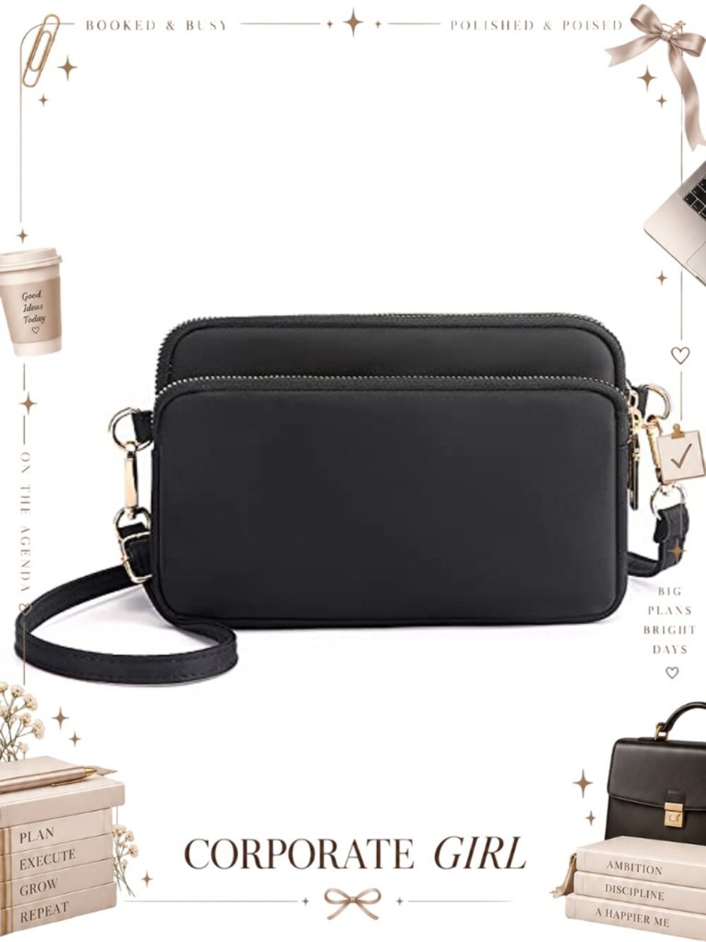 WITERY Water-Resistant Nylon Multi Zipper Crossbody Bag Adjustable Strap